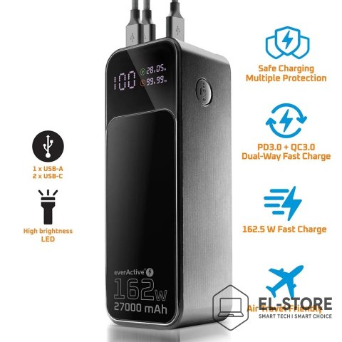 EverActive EVERACTIVE POWERBANK 27 000MAH, 1X USB, 2X USB-C, 162,5W, QC4+, WBUDOWANA LATARKA, WYŚWIETLACZ LCD, CZARNY EB-27Q