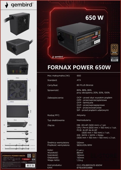 GEMBIRD GEMBIRD ZASILACZ KOMPUTEROWY FORNAX POWER 650W 80+BRONZE ATX, 650W, AKTYWNE PFC, 12CM WENTYLATOR