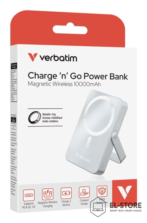 Verbatim Powerbank Verbatim Charge 'n' Go Magnetic Wireless with Stand 10000mAh USB-C PD 3.0 Blue