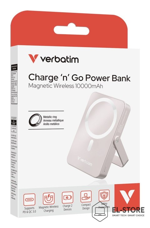 Verbatim Powerbank Verbatim Charge 'n' Go Magnetic Wireless with Stand 10000mAh USB-C PD 3.0 Pink