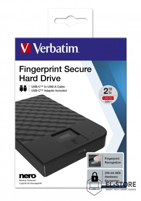 Verbatim Verbatim Fingerprint Secure zewnętrzny dysk twarde 2 TB USB Type-C 3.2 Gen 1 (3.1 Gen 1) Czarny