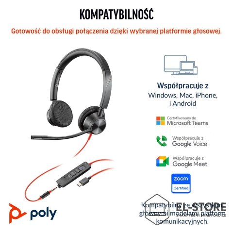 POLY Poly Blackwire 3325 Stereo Microsoft Teams Certified USB-C Headset +3.5mm Plug +USB-C/A Adapter