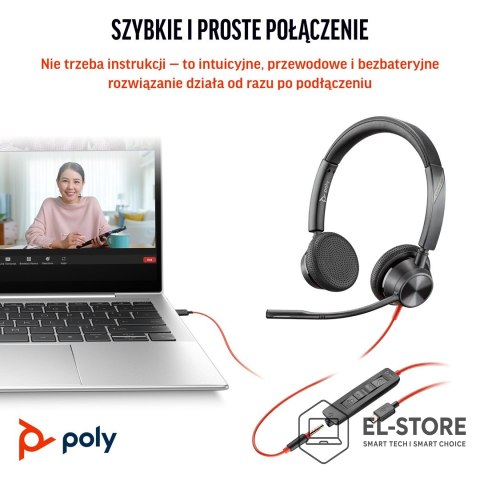 POLY Poly Blackwire 3325 Stereo Microsoft Teams Certified USB-C Headset +3.5mm Plug +USB-C/A Adapter