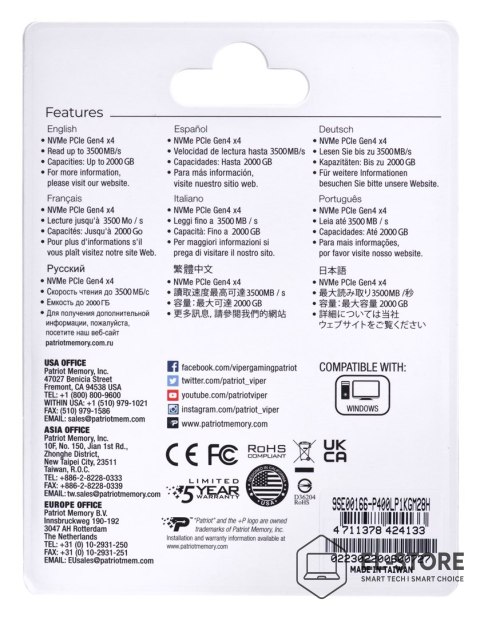 Patriot Memory SSD Patriot Viper P400 Lite M.2 PCI-Ex4 NVMe 1000GB