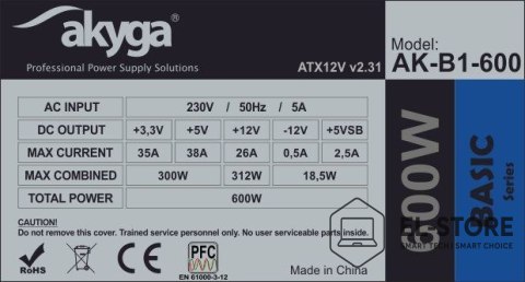 Akyga Zasilacz Akyga Basic AK-B1-600 (600 W; Pasywne; 120 mm)