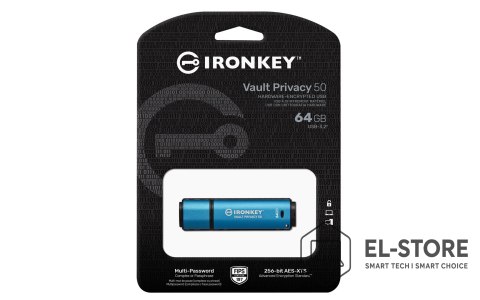 Kingston Kingston Technology IronKey Vault Privacy 50 pamięć USB 64 GB USB Typu-A 3.2 Gen 1 (3.1 Gen 1) Czarny, Niebieski