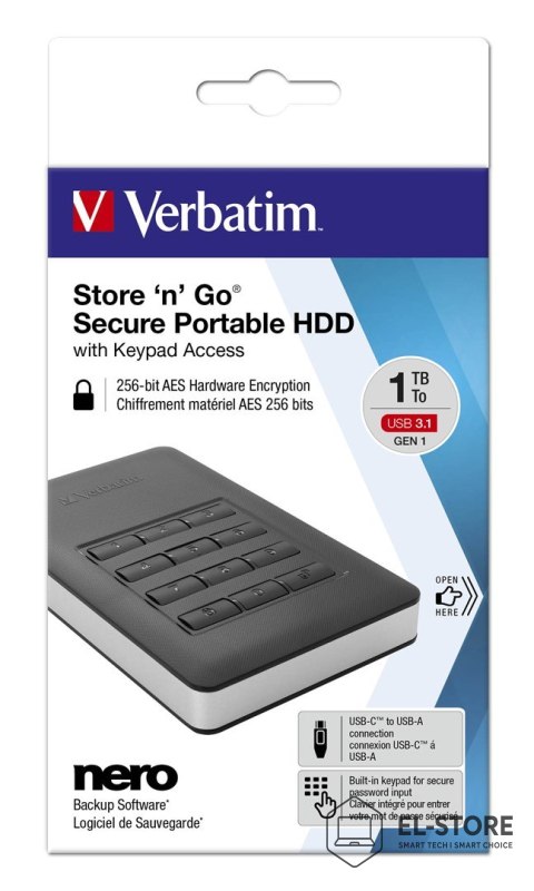 Verbatim Dysk zewnętrzny 2TB USB 3 z klawiaturą STORE NGO SECURE HDD