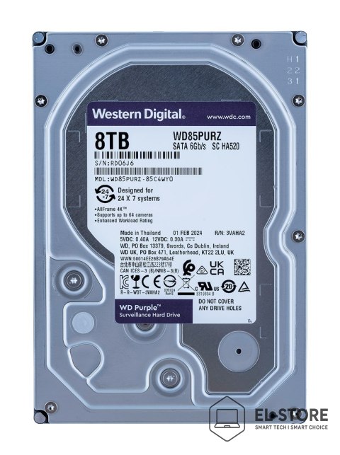 WD Dysk HDD WD Purple WD85PURZ (8 TB ; 3.5"; 256 MB; 5640 obr/min)