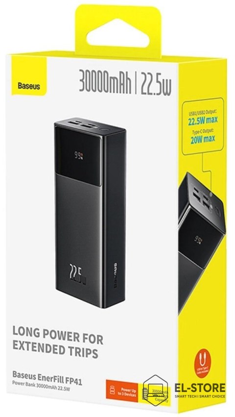 Baseus Powerbank Baseus EnerFill FP41 30000mAh 22.5W z kablem Baseus Simple USB-A - USB-C 3A 30cm - czarny