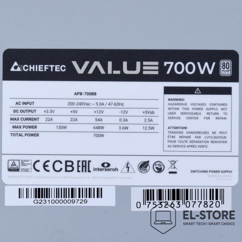 Chieftec ZASILACZ CHIEFTEC SERIA VALUE APB-700B8 700W