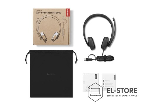 Lenovo Przewodowy zestaw słuchawkowy VoIP Lenovo 5000 z mikrofonem, USB A/C, Czarny