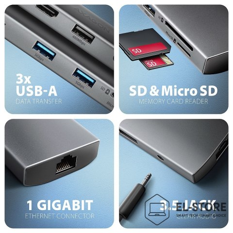 AXAGON AXAGON HMC-8HLSA Wieloportowy koncentrator USB-C 3.2 Gen 1, 3x USB-A + 4K/60Hz HDMI + SD/microSD, Gigabit LAN, Audio, PD 100W - 