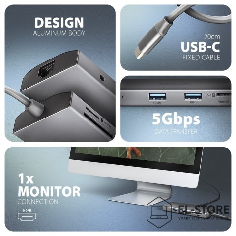 AXAGON AXAGON HMC-8HLSA Wieloportowy koncentrator USB-C 3.2 Gen 1, 3x USB-A + 4K/60Hz HDMI + SD/microSD, Gigabit LAN, Audio, PD 100W - 