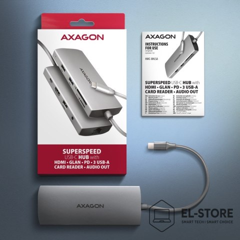 AXAGON AXAGON HMC-8HLSA Wieloportowy koncentrator USB-C 3.2 Gen 1, 3x USB-A + 4K/60Hz HDMI + SD/microSD, Gigabit LAN, Audio, PD 100W - 