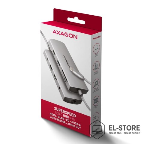 AXAGON AXAGON HMC-8HLSA Wieloportowy koncentrator USB-C 3.2 Gen 1, 3x USB-A + 4K/60Hz HDMI + SD/microSD, Gigabit LAN, Audio, PD 100W - 