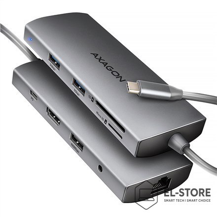 AXAGON AXAGON HMC-8HLSA Wieloportowy koncentrator USB-C 3.2 Gen 1, 3x USB-A + 4K/60Hz HDMI + SD/microSD, Gigabit LAN, Audio, PD 100W - 