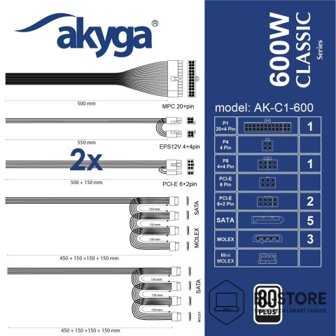 Akyga Zasilacz ATX 600W Akyga AK-C1-600 P4+4 2x PCI-E 6+2 pin 5x SATA 3x Molex APFC FAN 12cm