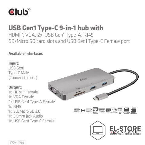 Club 3D CLUB3D CSV-1594 stacja dokująca USB 3.2 Gen 1 (3.1 Gen 1) Type-C Czarny, Szary
