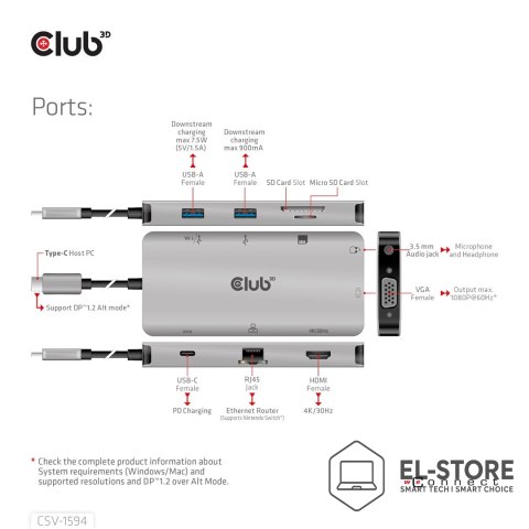 Club 3D CLUB3D CSV-1594 stacja dokująca USB 3.2 Gen 1 (3.1 Gen 1) Type-C Czarny, Szary