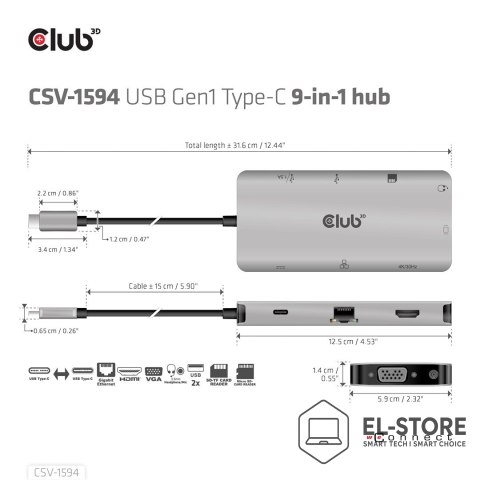 Club 3D CLUB3D CSV-1594 stacja dokująca USB 3.2 Gen 1 (3.1 Gen 1) Type-C Czarny, Szary