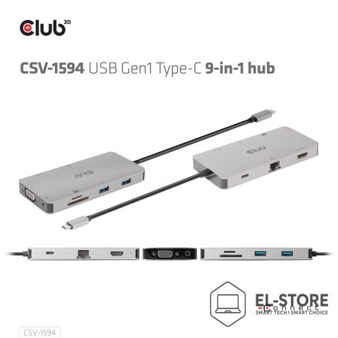 Club 3D CLUB3D CSV-1594 stacja dokująca USB 3.2 Gen 1 (3.1 Gen 1) Type-C Czarny, Szary