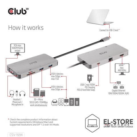 Club 3D CLUB3D CSV-1594 stacja dokująca USB 3.2 Gen 1 (3.1 Gen 1) Type-C Czarny, Szary