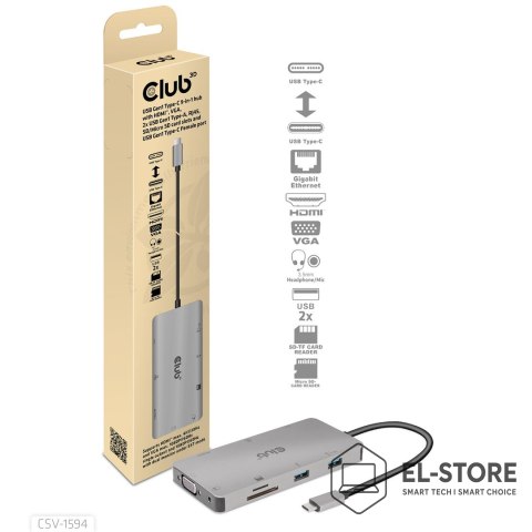 Club 3D CLUB3D CSV-1594 stacja dokująca USB 3.2 Gen 1 (3.1 Gen 1) Type-C Czarny, Szary