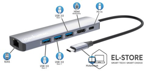 Manhattan Manhattan 153959 stacja dokująca Przewodowa USB 3.2 Gen 1 (3.1 Gen 1) Type-C Srebrny