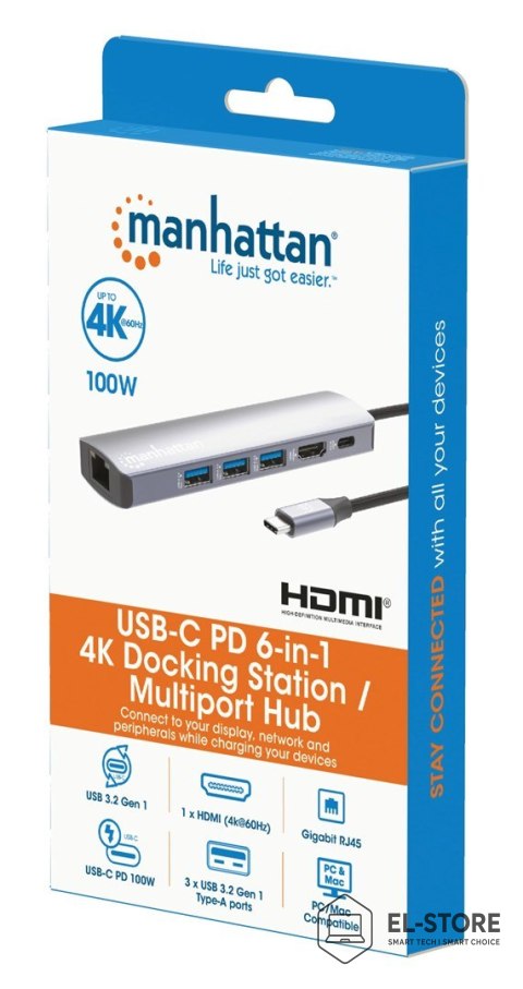 Manhattan Manhattan 153959 stacja dokująca Przewodowa USB 3.2 Gen 1 (3.1 Gen 1) Type-C Srebrny
