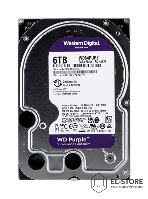 WD Dysk HDD WD Purple WD64PURZ (6 TB ; 3.5"; 256 MB; 5400 obr/min)