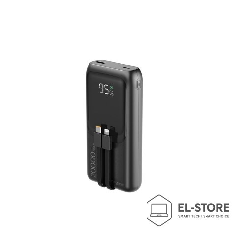 GEMBIRD GEMBIRD POWERBANK O POJEMNOŚCI 20000MAH, SZYBKIE ŁADOWANIE 20W, WYŚWIETLACZ LCD, ZINTEGROWANE KABLE KOLOR CZARNY