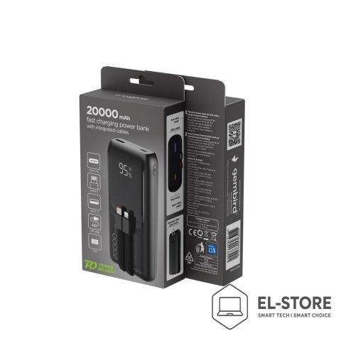 GEMBIRD GEMBIRD POWERBANK O POJEMNOŚCI 20000MAH, SZYBKIE ŁADOWANIE 20W, WYŚWIETLACZ LCD, ZINTEGROWANE KABLE KOLOR CZARNY