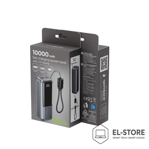 GEMBIRD GEMBIRD POWERBANK O POJEMNOŚCI 10000MAH, WYŚWIETLACZ LCD, SZYBKIE ŁADOWANIE 20W, KOLOR SZARY