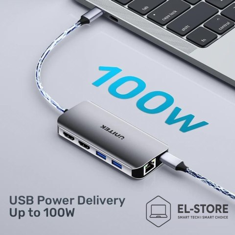 UNITEK UNITEK AKTYWNY HUB USB-C 2X HDMI, CZYTNIK SD, 4K, RJ-45, PD 100W, 5 GBPS