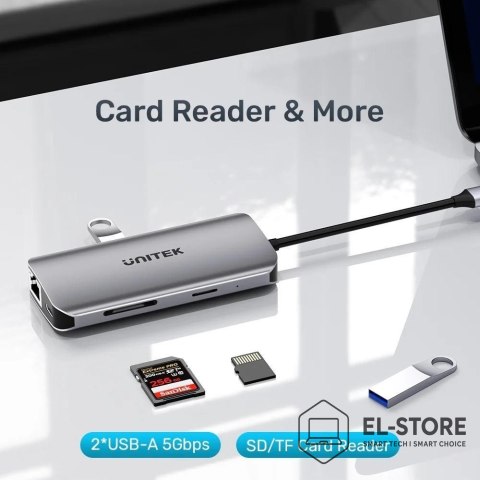 UNITEK UNITEK AKTYWNY HUB USB-C 2X HDMI, CZYTNIK SD, 4K, RJ-45, PD 100W, 5 GBPS