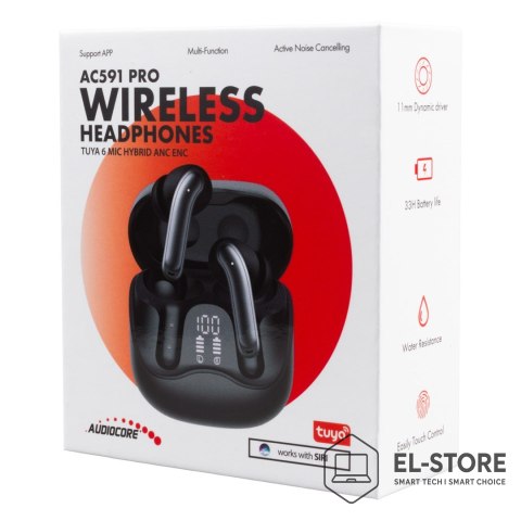 AUDIOCORE Słuchawki bezprzewodowe Audiocore, hybrydowe ANC, ENC, 6 mikrofonów, etui ładujące, Tuya, AC591 PRO