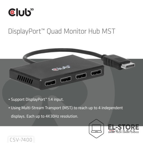 Club 3D Hub USB Club Hub 3D MST (Multi Stream Transport) DisplayPort 1.4 na 4x DisplayPort, Cztery monitory, 4x 4K30Hz, 8K30Hz