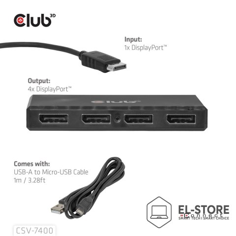 Club 3D Hub USB Club Hub 3D MST (Multi Stream Transport) DisplayPort 1.4 na 4x DisplayPort, Cztery monitory, 4x 4K30Hz, 8K30Hz