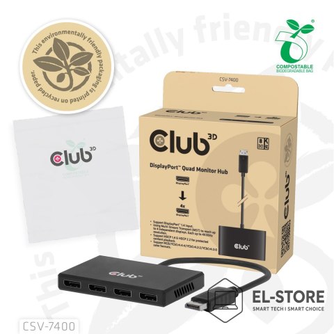Club 3D Hub USB Club Hub 3D MST (Multi Stream Transport) DisplayPort 1.4 na 4x DisplayPort, Cztery monitory, 4x 4K30Hz, 8K30Hz