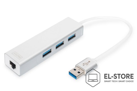 DIGITUS HUB 3-portowy USB 3.0 SuperSpeed z LANGigabit LAN adapter, aluminium