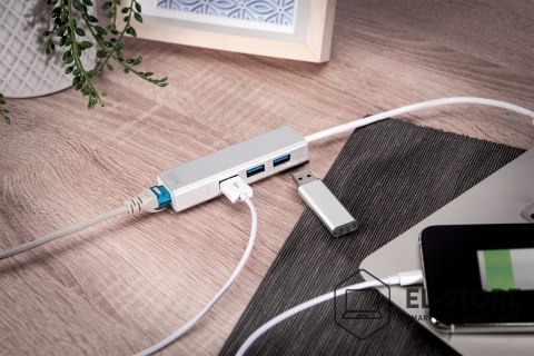 DIGITUS HUB 3-portowy USB 3.0 SuperSpeed z LANGigabit LAN adapter, aluminium
