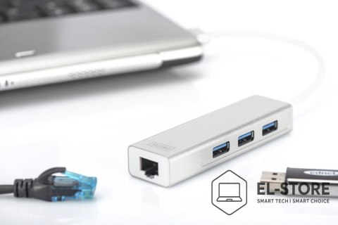DIGITUS HUB 3-portowy USB 3.0 SuperSpeed z LANGigabit LAN adapter, aluminium