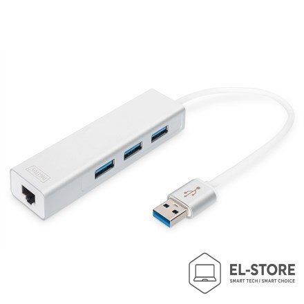 DIGITUS HUB 3-portowy USB 3.0 SuperSpeed z LANGigabit LAN adapter, aluminium