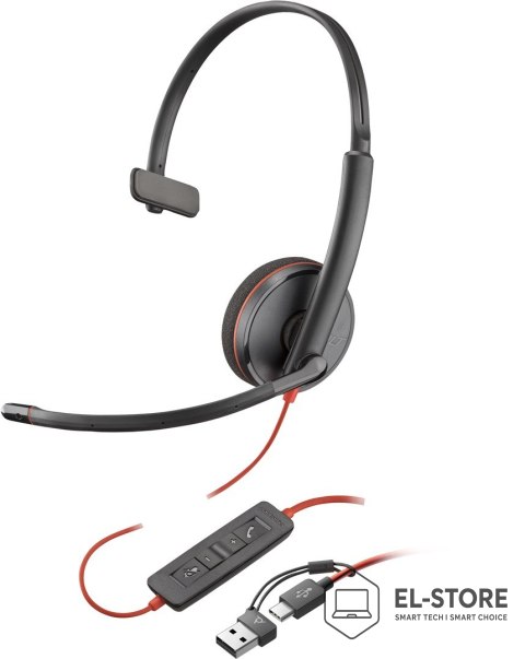 POLY Poly Blackwire 3210 Monaural USB-C Headset +USB-C/A Adapter
