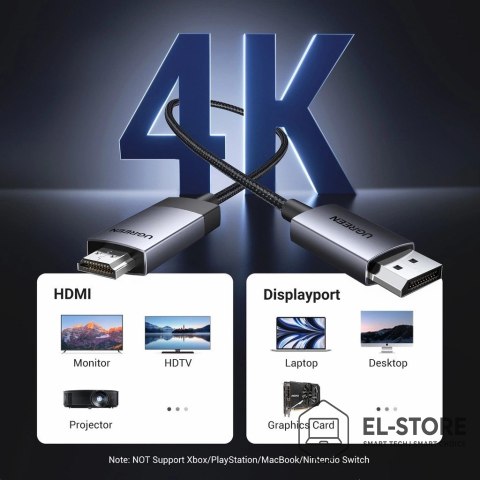 UGREEN Ugreen Kabel Display Port do HDMI DP119 4K, 1m, jednokierunkowy