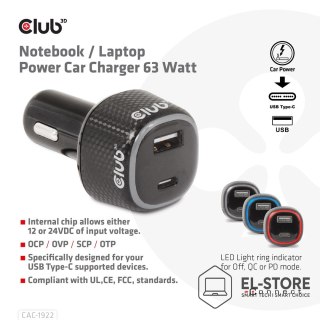 Club 3D CLUB3D CAC-1922 ładowarka do urządzeń przenośnych Laptop Czarny Zapalniczka Automatyczna