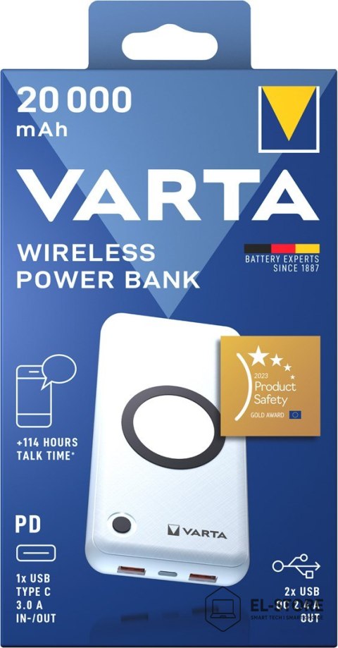 VARTA Varta 57909 101 111 bank mocy Litowo-polimerowy (LiPo) 20000 mAh Bezprzewodowe ładowanie Biały