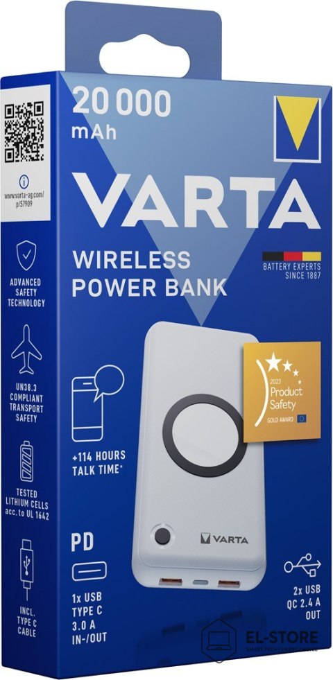VARTA Varta 57909 101 111 bank mocy Litowo-polimerowy (LiPo) 20000 mAh Bezprzewodowe ładowanie Biały