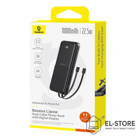 Baseus Powerbank Baseus Lipow 10000mAh 22.5W z podwójnym wbudowanym kablem z wyświetlaczem (z dodatkowym czarnym kablem Baseus Simple U