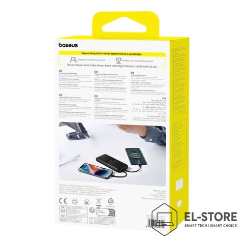 Baseus Powerbank Baseus Lipow 10000mAh 22.5W z podwójnym wbudowanym kablem z wyświetlaczem (z dodatkowym czarnym kablem Baseus Simple U
